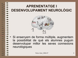 APRENENTATGE I
DESENVOLUPAMENT NEUROLÒGIC

• Si ensenyem de forma múltiple, augmentem
la possibilitat de què els alumnes puguin
desenvolupar millor les seves connexions
neurològiques
Núria Alart_2006-07

8

 