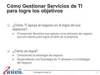 Cómo Gestionar Servicios de TI
para logra los objetivos

q    ¿Cómo TI apoya al negocio en el logro de sus
      objetivos?
      l    Proveyendo Servicios que apoyen a los procesos de negocio
            que son claves para lograr el éxito de la empresa.




q    ¿Cómo se logra?
      l  Conociendo la estrategia del negocio
      l  Desarrollando una Estrategia de TI alineada a la Estrategia
          del Negocio


                        © Copyright 2012 Inteli, S.C.                   3
 