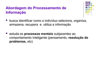 Abordagem do Processamento de
Informação
 busca identificar como o indivíduo seleciona, organiza,
armazena, recupera e utiliza a informação
 estuda os processos mentais subjacentes ao
comportamento inteligente (pensamento, resolução de
problemas, etc)
 