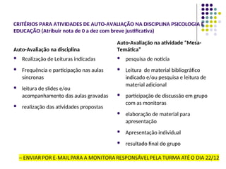 CRITÉRIOS PARA ATIVIDADES DE AUTO-AVALIAÇÃO NA DISCIPLINA PSICOLOGIA E
EDUCAÇÃO (Atribuir nota de 0 a dez com breve justificativa)
Auto-Avaliação na disciplina
 Realização de Leituras indicadas
 Frequência e participação nas aulas
síncronas
 leitura de slides e/ou
acompanhamento das aulas gravadas
 realização das atividades propostas
Auto-Avaliação na atividade “Mesa-
Temática”
 pesquisa de notícia
 Leitura de material bibliográfico
indicado e/ou pesquisa e leitura de
material adicional
 participação de discussão em grupo
com as monitoras
 elaboração de material para
apresentação
 Apresentação individual
 resultado final do grupo
 