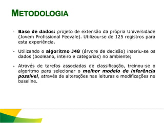 METODOLOGIA
- Base de dados: projeto de extensão da própria Universidade
  (Jovem Profissional Feevale). Utilizou-se de 125 registros para
  esta experiência.

- Utilizando o algoritmo J48 (árvore de decisão) inseriu-se os
  dados (booleano, inteiro e categorias) no ambiente;

- Através de tarefas associadas de classificação, treinou-se o
  algoritmo para selecionar o melhor modelo de inferência
  possível, através de alterações nas leituras e modificações no
  baseline.
 