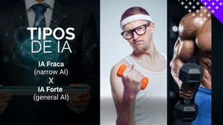 TIPOS
DE IA
IA Fraca
(narrow AI)
X
IA Forte
(general AI)
 