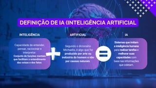 DEFINIÇÃO DE IA (INTELIGÊNCIA ARTIFICIAL
INTELIGÊNCIA
Capacidade de entender,
pensar, raciocinar e
interpretar.
Conjunto de funções mentais
que facilitam o entendimento
das coisas e dos fatos.
ARTIFICIAL
Segundo o dicionário
Michaelis, é algo que foi
produzido por arte ou
indústria do homem e não
por causas naturais.
IA
Sistemas que imitam
a inteligência humana
para realizar tarefas e
melhorar suas
capacidades com
base nas informações
que coletam.
 