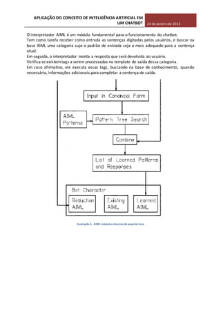APLICAÇÃO DO CONCEITO DE INTELIGÊNCIA ARTIFICIAL EM
UM CHATBOT 24 de Janeiro de 2013
O interpretador AIML é um módulo fundamental para o funcionamento do chatbot.
Tem como tarefa receber como entrada as sentenças digitadas pelos usuários, e buscar na
base AIML uma categoria cujo o padrão de entrada seja o mais adequado para a sentença
atual.
Em seguida, o interpretador monta a resposta que será devolvida ao usuário.
Verifica se existemtags a serem processadas no template de saída dessa categoria.
Em caso afirmativo, ele executa essas tags, buscando na base de conhecimento, quando
necessário, informações adicionais para completar a sentença de saída.
Ilustração 6 -AIML módulosinternosdaarquitectura
 