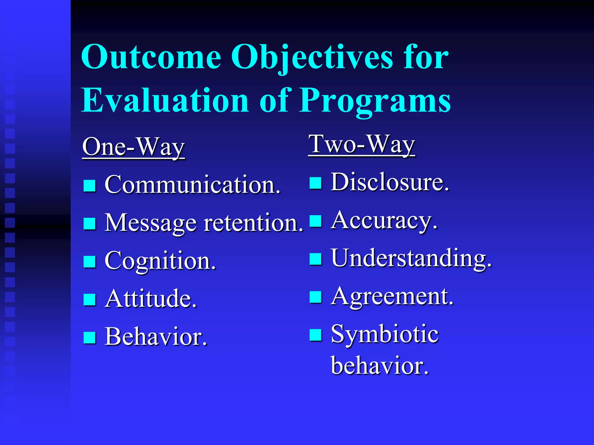 Outcome Objectives for
Evaluation of Programs
One-Way
 Communication.
 Message retention.
 Cognition.
 Attitude.
 Behavior.
Two-Way
 Disclosure.
 Accuracy.
 Understanding.
 Agreement.
 Symbiotic
behavior.
 