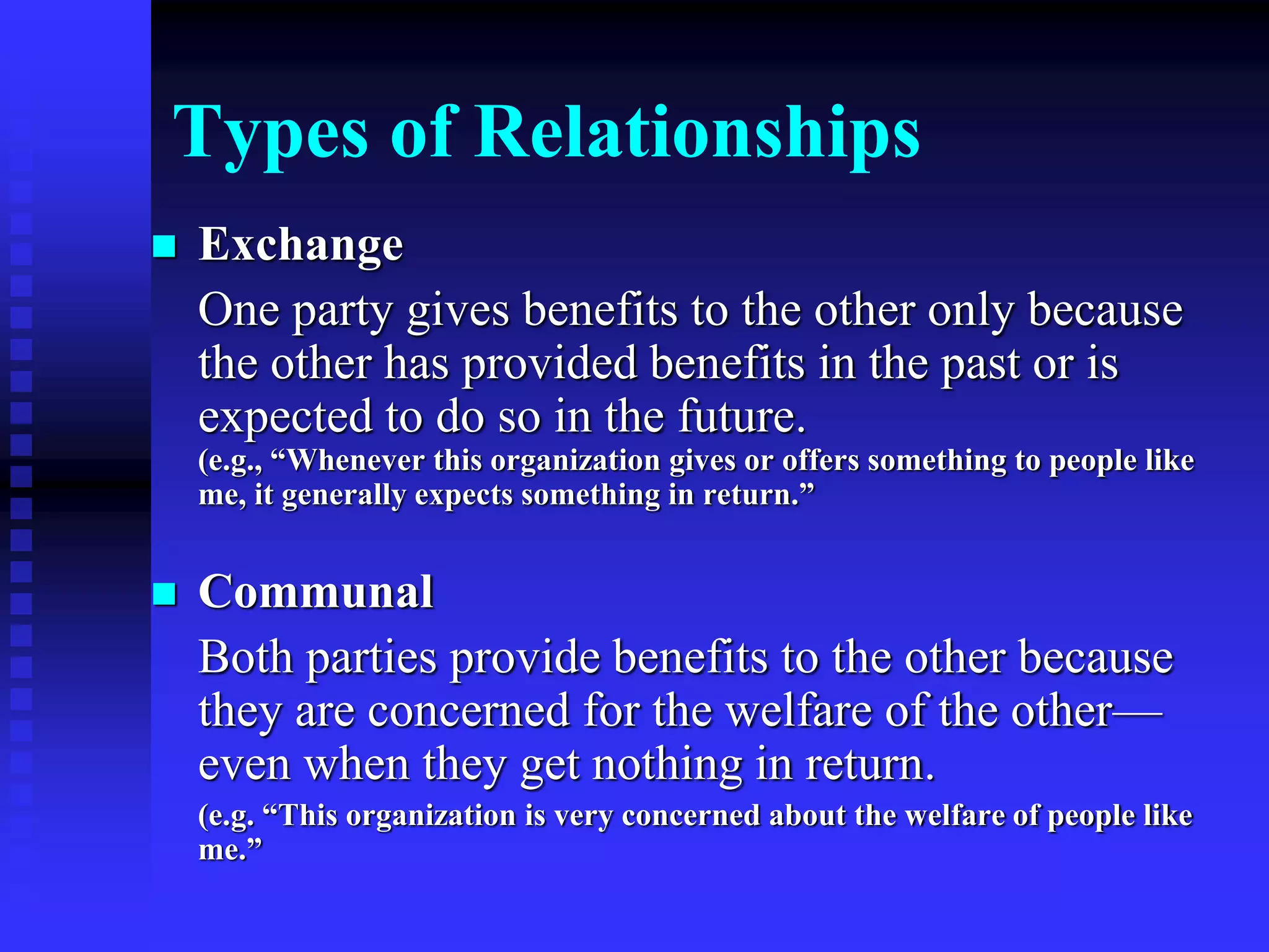 Types of Relationships
 Exchange
One party gives benefits to the other only because
the other has provided benefits in the past or is
expected to do so in the future.
(e.g., “Whenever this organization gives or offers something to people like
me, it generally expects something in return.”
 Communal
Both parties provide benefits to the other because
they are concerned for the welfare of the other—
even when they get nothing in return.
(e.g. “This organization is very concerned about the welfare of people like
me.”
 