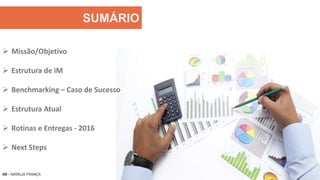 SUMÁRIO
 Missão/Objetivo
 Estrutura de iM
 Benchmarking – Caso de Sucesso
 Estrutura Atual
 Rotinas e Entregas - 2016...