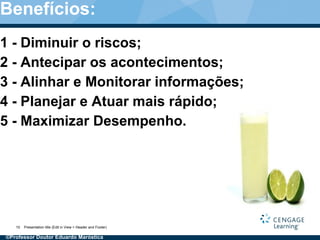 1 - Diminuir o riscos;
2 - Antecipar os acontecimentos;
3 - Alinhar e Monitorar informações;
4 - Planejar e Atuar mais rápido;
5 - Maximizar Desempenho.
Presentation title (Edit in View > Header and Footer)10
Benefícios:
©Professor Doutor Eduardo Maróstica
 