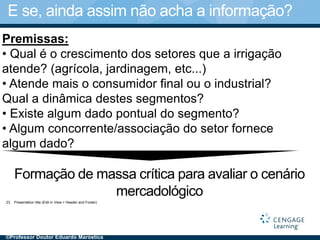 Presentation title (Edit in View > Header and Footer)23
E se, ainda assim não acha a informação?
Premissas:
• Qual é o crescimento dos setores que a irrigação
atende? (agrícola, jardinagem, etc...)
• Atende mais o consumidor final ou o industrial?
Qual a dinâmica destes segmentos?
• Existe algum dado pontual do segmento?
• Algum concorrente/associação do setor fornece
algum dado?
Formação de massa crítica para avaliar o cenário
mercadológico
©Professor Doutor Eduardo Maróstica
 