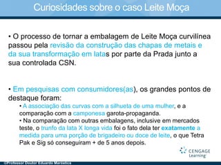 Curiosidades sobre o caso Leite Moça
• O processo de tornar a embalagem de Leite Moça curvilínea
passou pela revisão da construção das chapas de metais e
da sua transformação em latas por parte da Prada junto a
sua controlada CSN.
• Em pesquisas com consumidores(as), os grandes pontos de
destaque foram:
• A associação das curvas com a silhueta de uma mulher, e a
comparação com a camponesa garota-propaganda.
• Na comparação com outras embalagens, inclusive em mercados
teste, o trunfo da lata X longa vida foi o fato dela ter exatamente a
medida para uma porção de brigadeiro ou doce de leite, o que Tetra
Pak e Sig só conseguiram + de 5 anos depois.
©Professor Doutor Eduardo Maróstica
 