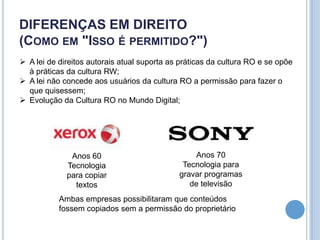 DIFERENÇAS EM DIREITO
(COMO EM "ISSO É PERMITIDO?")
 A lei de direitos autorais atual suporta as práticas da cultura RO e se opõe
  à práticas da cultura RW;
 A lei não concede aos usuários da cultura RO a permissão para fazer o
  que quisessem;
 Evolução da Cultura RO no Mundo Digital;




              Anos 60                            Anos 70
             Tecnologia                       Tecnologia para
             para copiar                     gravar programas
               textos                           de televisão
           Ambas empresas possibilitaram que conteúdos
           fossem copiados sem a permissão do proprietário
 