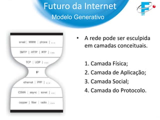 Futuro da Internet
  Modelo Generativo


          • A rede pode ser esculpida
            em camadas conceituais.

            1. Camada Física;
            2. Camada de Aplicação;
            3. Camada Social;
            4. Camada do Protocolo.
 