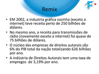 Remix
• EM 2002, a industria gráfica sozinha (exceto a
  internet) teve receita perto de 250 bilhões de
  dólares.
• No mesmo ano, a receita para transmissões de
  rádio (novamente exceto a internet) foi quase de
  75 bilhões de dólares.
• O núcleo das empresas de direitos autorais são
  6% do PIB total da nação totalizando 626 bilhões
  por ano.
• A indústria de Direitos Autorais tem uma taxa de
  empregos de 3,19% por ano.
 