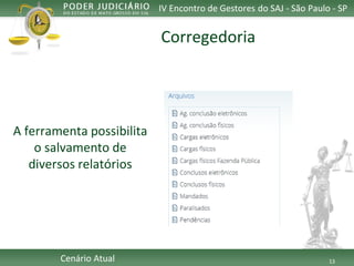 13 
IV Encontro de Gestores do SAJ -São Paulo -SP 
CenárioAtual 
Corregedoria 
A ferramentapossibilitao salvamentode diversosrelatórios  