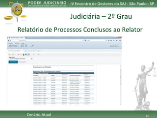 22 
IV Encontro de Gestores do SAJ -São Paulo -SP 
CenárioAtual 
Judiciária–2º Grau 
Relatóriode ProcessosConclusosaoRelator  