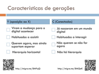 Características de gerações

Y (oposição ao X)             C (Conectados)
   Viram a mudança para o        Já nasceram em um mundo
   digital acontecer             digital
   Habituados a assistir         Habituados a interagir
   Querem agora, mas ainda       Não querem se não for
   suportam esperar              agora
   Hierarquia horizontal         Não há hierarquia



      http://migre.me/8MPqQ      http://migre.me/8MQeK
 