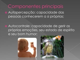    Autopercepção: capacidade das
    pessoas conhecerem a si próprias;

   Autocontrole: capacidade de gerir as
    próprias emoções, seu estado de espírito
    e seu bom humor;
 