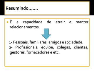  É a capacidade de atrair e manter
relacionamentos:
1- Pessoais: familiares, amigos e sociedade.
2- Profissionais: equipe, colegas, clientes,
gestores, fornecedores e etc.
 