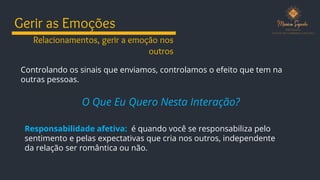 Gerir as Emoções
O Que Eu Quero Nesta Interação?
Responsabilidade afetiva: é quando você se responsabiliza pelo
sentimento e pelas expectativas que cria nos outros, independente
da relação ser romântica ou não.
Relacionamentos, gerir a emoção nos
outros
Controlando os sinais que enviamos, controlamos o efeito que tem na
outras pessoas.
 
