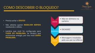 • Precisa achar o EFEITO!
• Não adianta querer RESOLVER RÁPIDO
resolvendo o efeito.
• Lembra que você foi configurada para
FUGIR DO PROBLEMA. Se cérebro que
economizar energia, por isso você ODEIA
PROBLEMA.
COMO DESCOBRIR O BLOQUEIO?
EFEITO
• Não ter dinheiro na
carteira
BLOQUEIO
• ESCASSEZ
CAUSA
• Mensagens instaladas
pelo seu pai na infância
 