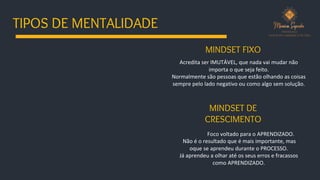 TIPOS DE MENTALIDADE
MINDSET FIXO
Acredita ser IMUTÁVEL, que nada vai mudar não
importa o que seja feito.
Normalmente são pessoas que estão olhando as coisas
sempre pelo lado negativo ou como algo sem solução.
MINDSET DE
CRESCIMENTO
Foco voltado para o APRENDIZADO.
Não é o resultado que é mais importante, mas
oque se aprendeu durante o PROCESSO.
Já aprendeu a olhar até os seus erros e fracassos
como APRENDIZADO.
 
