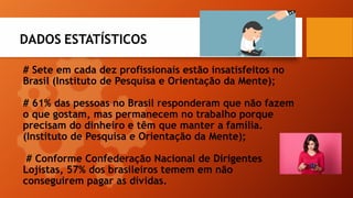 # Sete em cada dez profissionais estão insatisfeitos no
Brasil (Instituto de Pesquisa e Orientação da Mente);
# 61% das pessoas no Brasil responderam que não fazem
o que gostam, mas permanecem no trabalho porque
precisam do dinheiro e têm que manter a família.
(Instituto de Pesquisa e Orientação da Mente);
# Conforme Confederação Nacional de Dirigentes
Lojistas, 57% dos brasileiros temem em não
conseguirem pagar as dívidas.
DADOS ESTATÍSTICOS
 