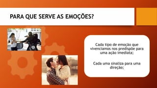 PARA QUE SERVE AS EMOÇÕES?
Cada tipo de emoção que
vivenciamos nos predispõe para
uma ação imediata;
Cada uma sinaliza para uma
direção;
 