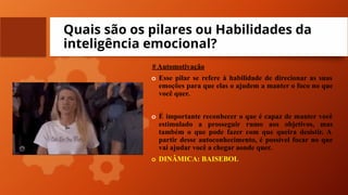 Quais são os pilares ou Habilidades da
inteligência emocional?
# Automotivação
o Esse pilar se refere à habilidade de direcionar as suas
emoções para que elas o ajudem a manter o foco no que
você quer.
o É importante reconhecer o que é capaz de manter você
estimulado a prosseguir rumo aos objetivos, mas
também o que pode fazer com que queira desistir. A
partir desse autoconhecimento, é possível focar no que
vai ajudar você a chegar aonde quer.
o DINÂMICA: BAISEBOL
 
