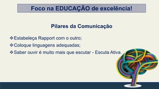 Pilares da Comunicação
Estabeleça Rapport com o outro;
Coloque linguagens adequadas;
Saber ouvir é muito mais que escutar - Escuta Ativa.
Foco na EDUCAÇÃO de excelência!
 