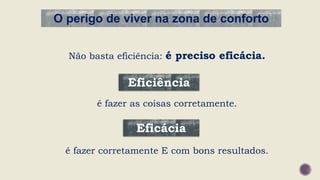 O perigo de viver na zona de conforto
Não basta eficiência: é preciso eficácia.
é fazer as coisas corretamente.
é fazer corretamente E com bons resultados.
Eficiência
Eficácia
 