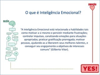 ----- 
O que é Inteligência Emocional? 
“A Inteligência Emocional está relacionada a habilidades tais 
como motivar a si mesmo e persistir mediante frustrações; 
controlar impulsos, canalizando emoções para situações 
apropriadas; praticar gratificação prorrogada; motivar 
pessoas, ajudando-as a liberarem seus melhores talentos, e 
conseguir seu engajamento a objetivos de interesses 
comuns” (Gilberto Vitor). 
----------------------------------------------------- 
 