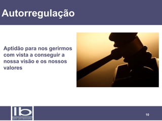 Autorregulação

Aptidão para nos gerirmos
com vista a conseguir a
nossa visão e os nossos
valores

10

 