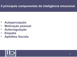 5 principais componentes da inteligência emocional

•
•
•
•
•

Autopercepção
Motivação pessoal
Autorregulação
Empatia
Aptidões Sociais

7

 