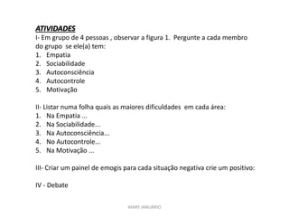 MARY JANUÁRIO
ATIVIDADES
I- Em grupo de 4 pessoas , observar a figura 1. Pergunte a cada membro
do grupo se ele(a) tem:
1. Empatia
2. Sociabilidade
3. Autoconsciência
4. Autocontrole
5. Motivação
II- Listar numa folha quais as maiores dificuldades em cada área:
1. Na Empatia ...
2. Na Sociabilidade...
3. Na Autoconsciência...
4. No Autocontrole...
5. Na Motivação ...
III- Criar um painel de emogis para cada situação negativa crie um positivo:
IV - Debate
 