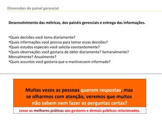 Dimensões do painel gerencial
Desenvolvimento das métricas, dos painéis gerenciais e entrega das informações.
•Quais decisões você toma diariamente?
•Quais informações você precisa para tomar essas decisões?
•Quais estudos especiais você solicita constantemente?
•Quais observações você gostaria de obter diariamente? Semanalmente?
Mensalmente? Anualmente?
•Quais assuntos você gostaria que o mantivessem informado?
Muitas vezes as pessoas querem respostas, mas
se olharmos com atenção, veremos que muitos
não sabem nem fazer as perguntas certas?
Levar as melhores práticas aos gestores e demais públicos relacionados.
 