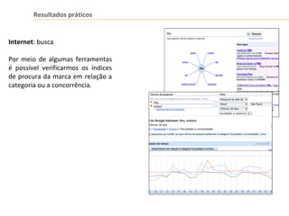 Resultados práticos
Internet: busca
Por meio de algumas ferramentas
é possível verificarmos os índices
de procura da marca em relação a
categoria ou a concorrência.
 