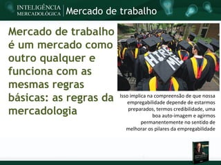 Mercado de trabalho

Mercado de trabalho
é um mercado como
outro qualquer e
funciona com as
mesmas regras
básicas: as regras da   Isso implica na compreensão de que nossa
                            empregabilidade depende de estarmos
mercadologia                preparados, termos credibilidade, uma
                                       boa auto-imagem e agirmos
                                  permanentemente no sentido de
                           melhorar os pilares da empregabilidade
 
