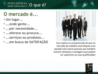 O que é?

O mercado é...

    Um lugar...

    ...onde gente...

    ...por necessidade...

    ...oferece ou procura...

    ...serviços ou produtos...

    ...em busca de SATISFAÇÃO      Isso implica na compreensão de que no
                                    mercado de trabalho você disputa uma
                                  posição com outras pessoas que também
                                 reúnem atributos e vantagens que podem
                                        ser superiores às suas qualificações
 