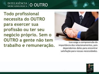O OUTRO

Todo profissional
necessita do OUTRO
para exercer sua
profissão ou ter seu
negócio próprio. Sem o
OUTRO a gente não tem                Isso exige a compreensão da
trabalho e remuneração.   importância dos relacionamentos, pois
                              dependemos deles para encontrar
                            satisfação para nossas necessidades.
 