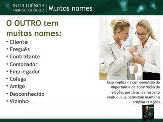 Muitos nomes

O OUTRO tem
muitos nomes:

    Cliente

    Freguês

    Contratante

    Comprador

    Empregador

    Colega
                                  Isso implica na compreensão da

    Amigo                           importância da construção de
                                    relações positivas, de respeito

    Desconhecido                  mútuo, que permitam manter e

    Vizinho                                       ampliar relações
 