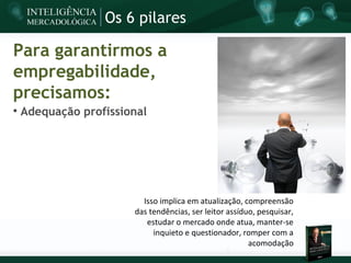 Os 6 pilares

Para garantirmos a
empregabilidade,
precisamos:

    Adequação profissional




                         Isso implica em atualização, compreensão
                       das tendências, ser leitor assíduo, pesquisar,
                          estudar o mercado onde atua, manter-se
                            inquieto e questionador, romper com a
                                                        acomodação
 