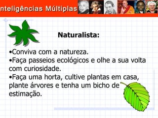 Naturalista: Conviva com a natureza.  Faça passeios ecológicos e olhe a sua volta com curiosidade.  Faça uma horta, cultive plantas em casa, plante árvores e tenha um bicho de estimação.  