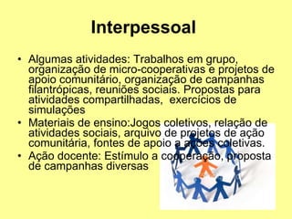Interpessoal   Algumas atividades: Trabalhos em grupo, organização de micro-cooperativas e projetos de apoio comunitário, organização de campanhas filantrópicas, reuniões sociais. Propostas para atividades compartilhadas,  exercícios de simulações  Materiais de ensino:Jogos coletivos, relação de atividades sociais, arquivo de projetos de ação comunitária, fontes de apoio a ações coletivas.  Ação docente: Estímulo a cooperação, proposta de campanhas diversas  