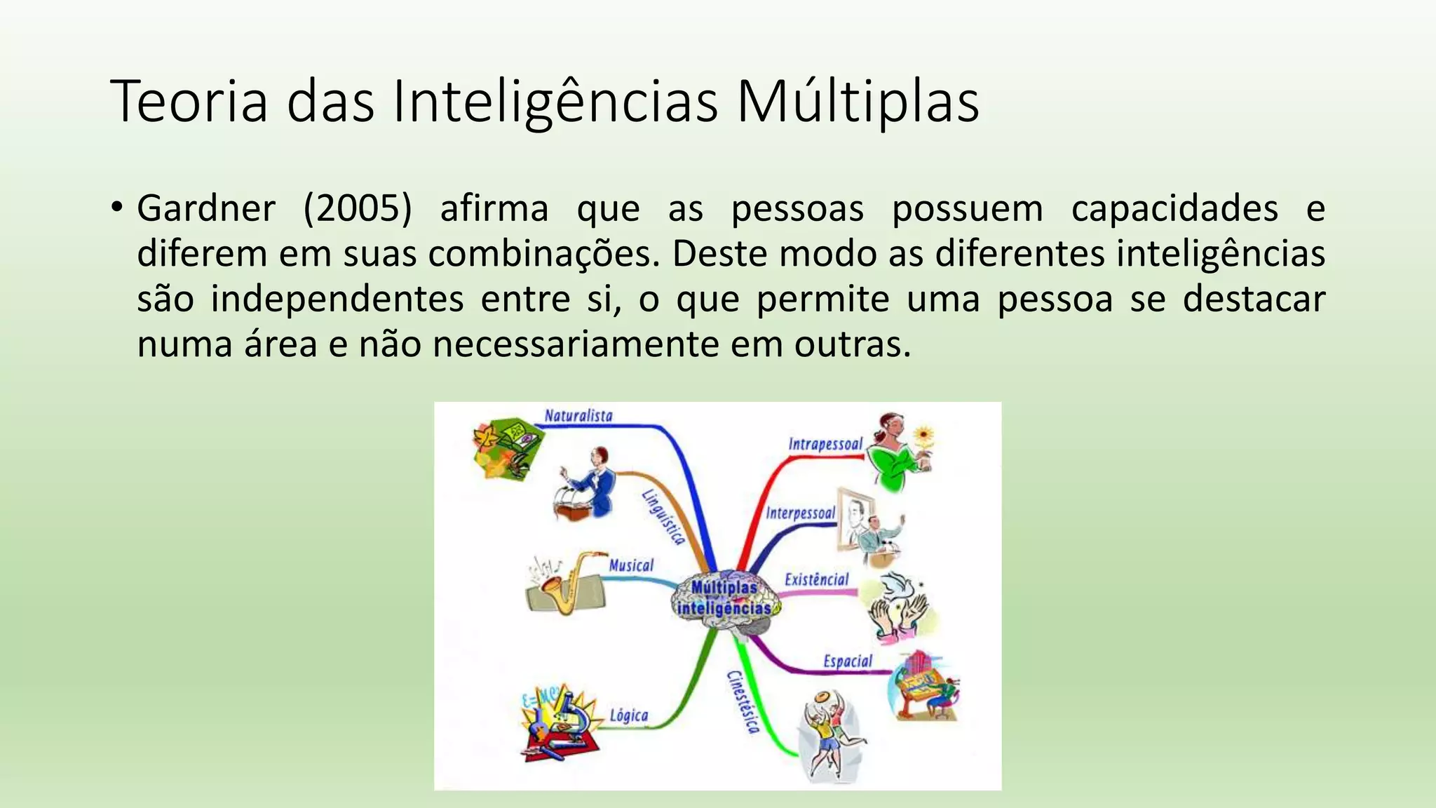Teoria das Inteligências Múltiplas
• Gardner (2005) afirma que as pessoas possuem capacidades e
diferem em suas combinações. Deste modo as diferentes inteligências
são independentes entre si, o que permite uma pessoa se destacar
numa área e não necessariamente em outras.
 