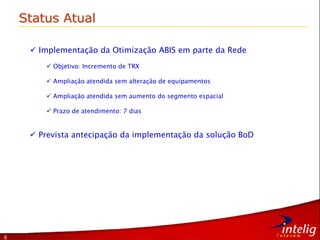 8
Status Atual
Prevista antecipação da implementação da solução BoD
Objetivo: Incremento de TRX
Ampliação atendida sem alteração de equipamentos
Ampliação atendida sem aumento do segmento espacial
Prazo de atendimento: 7 dias
Implementação da Otimização ABIS em parte da Rede
 