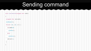 void sendCommand(unsigned char cmdIn)
{
unsigned char cmd=cmdIn;
sendHeader();
for(int i=0; i<8; i++) {
if(cmd&128)
sendOne();
else
sendZero();
cmd=cmd<<1;
}
}
Sending command
 