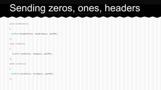 void sendHeader()
{
sendPair(headerPulse, headerSpace, waitMS);
};
void sendOne()
{
sendPair(onePulse, oneSpace, waitMS);
};
void sendZero()
{
sendPair(zeroPulse, zeroSpace, waitMS);
};
Sending zeros, ones, headers
 