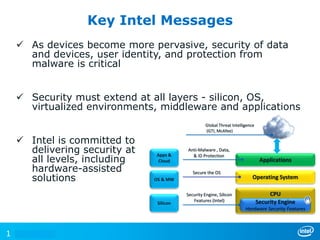  As devices become more pervasive, security of data
and devices, user identity, and protection from
malware is critical
 Security must extend at all layers - silicon, OS,
virtualized environments, middleware and applications
 Intel is committed to
delivering security at
all levels, including
hardware-assisted
solutions
Key Intel Messages
1
Operating System
Applications
CPU
Anti-Malware , Data,
& ID Protection
Security Engine, Silicon
Features (Intel)
Secure the OS
Security Engine
Hardware Security Features
Apps &
Cloud
OS & MW
Silicon
Global Threat Intelligence
(GTI, McAfee)
 