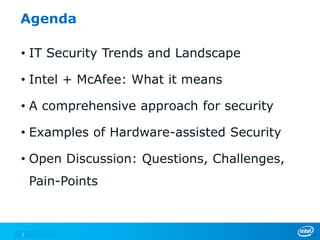3
Agenda
• IT Security Trends and Landscape
• Intel + McAfee: What it means
• A comprehensive approach for security
• Examples of Hardware-assisted Security
• Open Discussion: Questions, Challenges,
Pain-Points
 