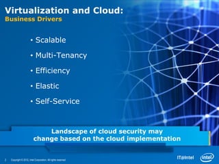 Virtualization and Cloud:
Business Drivers


                        • Scalable

                        • Multi-Tenancy

                        • Efficiency

                        • Elastic

                        • Self-Service



                               Landscape of cloud security may
                           change based on the cloud implementation


2   Copyright © 2012, Intel Corporation. All rights reserved.
 